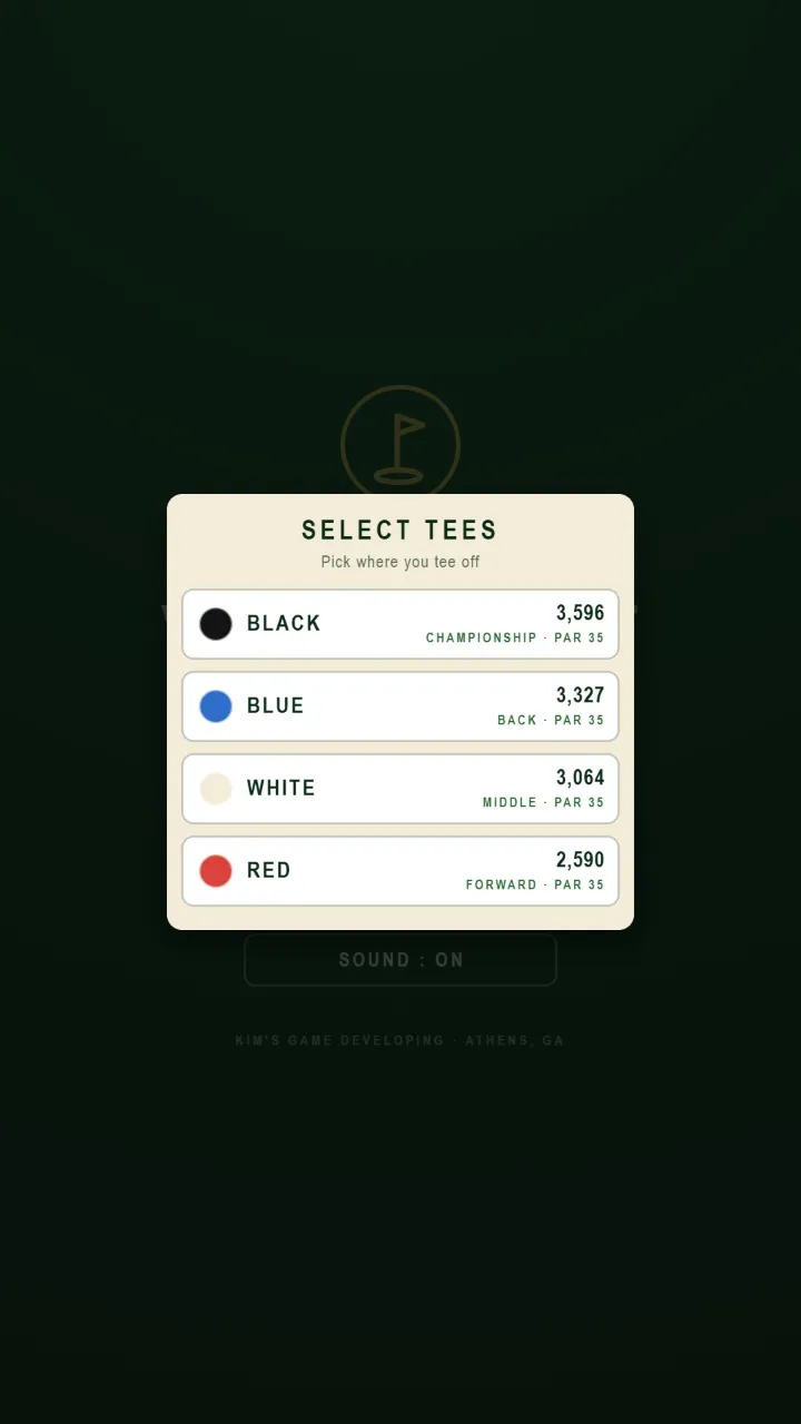 Tee selection screen showing four tee options and round length