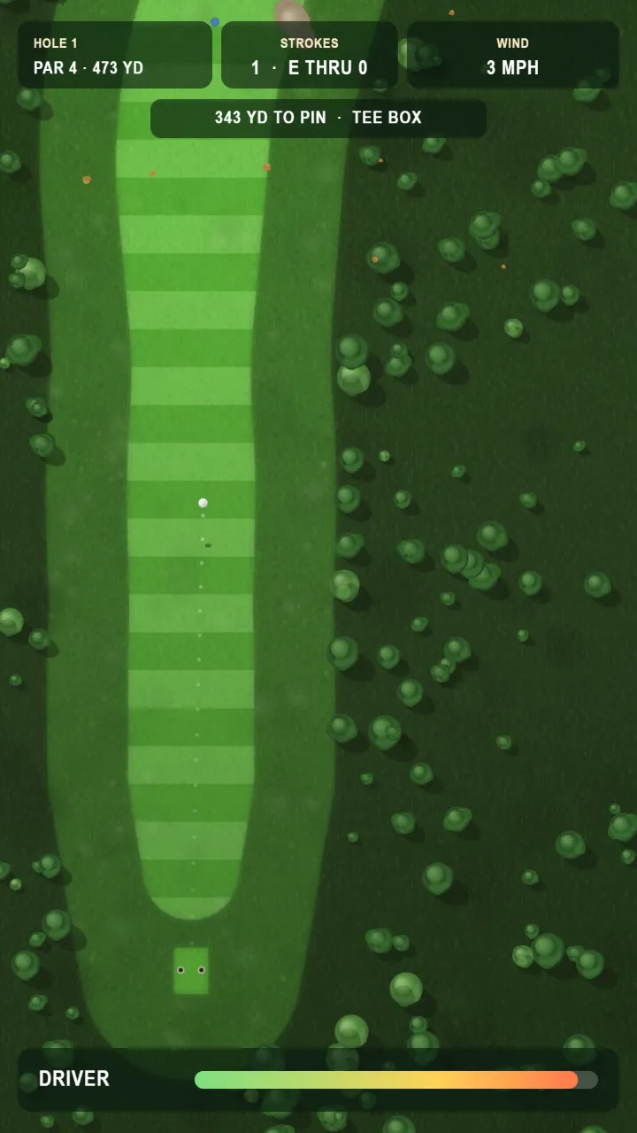 Ball in flight over the fairway with the wind indicator visible